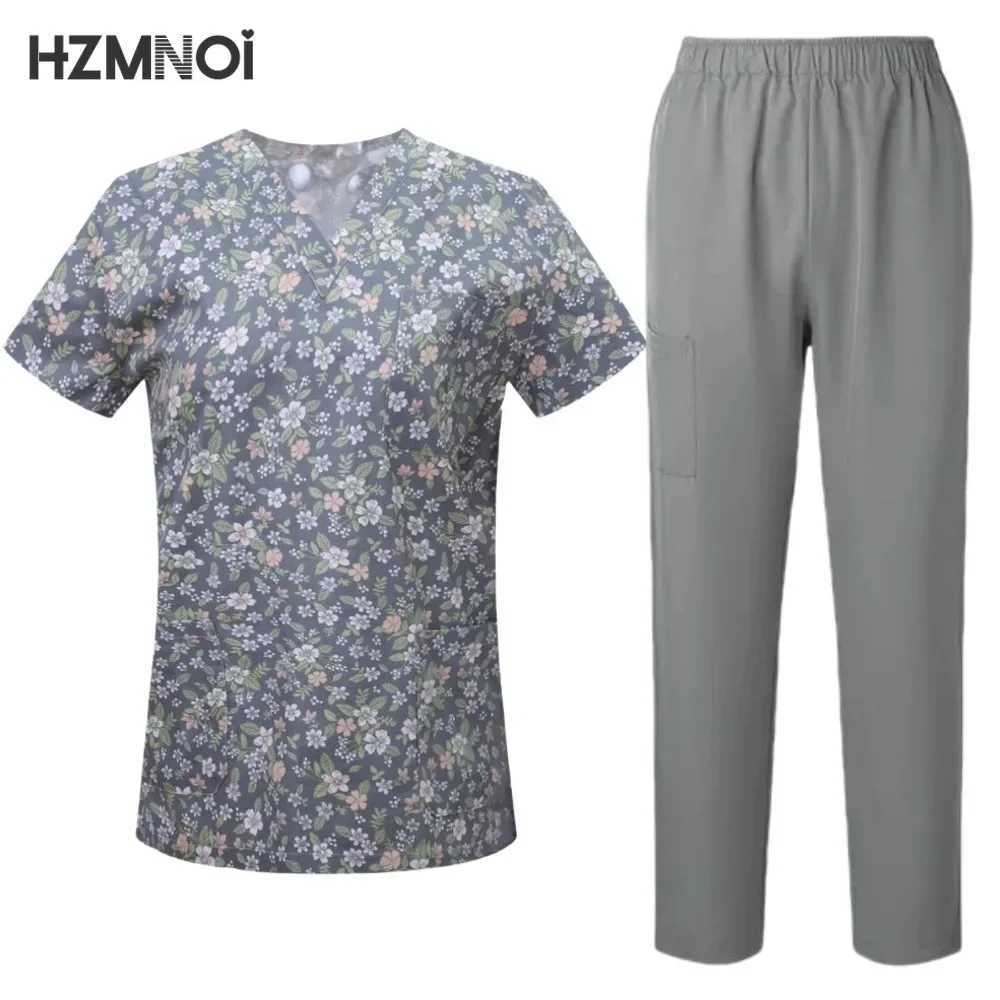 Surgical Uniforms Woman Printing Blouse Pockets Pants Medical Scrub Set Beauty Sn Workwear Clinical Scrubs Top+Pants Spa Suit X250410