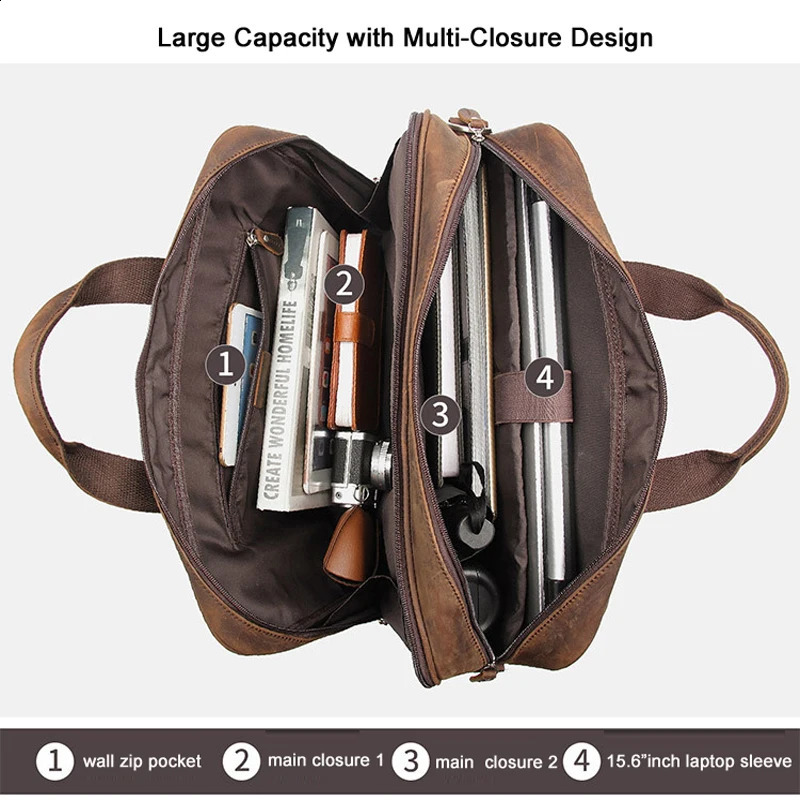 High quality genuine leather mens briefcase business bag Crazy Horse large 17 inch notebook combination office 250409
