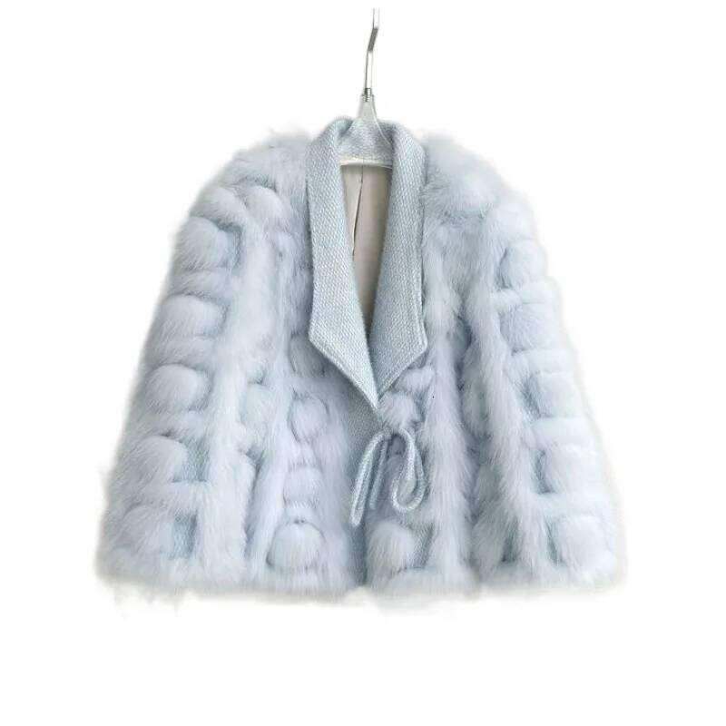 Young Women's Fox Fur Coat Knitted Open Cardigan Winter Fashion Design Long Sleeve Ice Cream Color Urban Style Adult Size