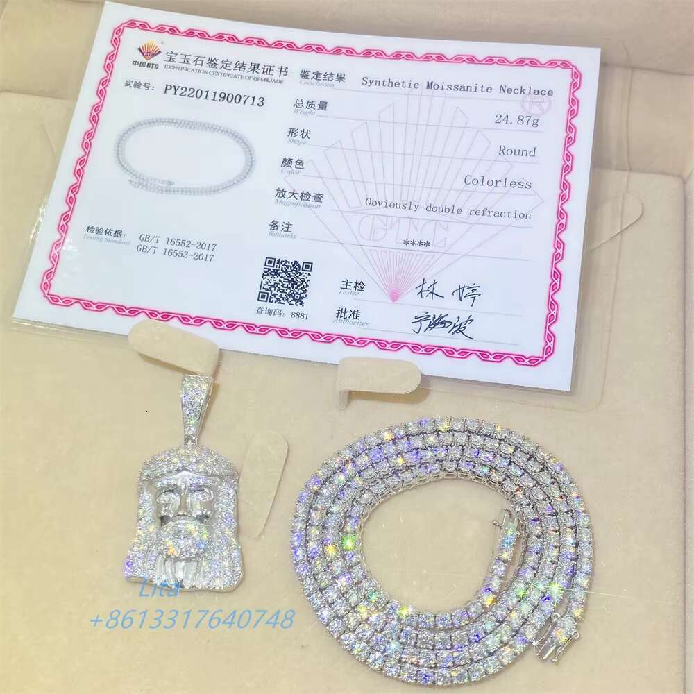 Custom High Quality Iced Out Bling Pass Diamond test 10k White Gold 3mm Moiassanite Diamond Tennis Chain Necklace