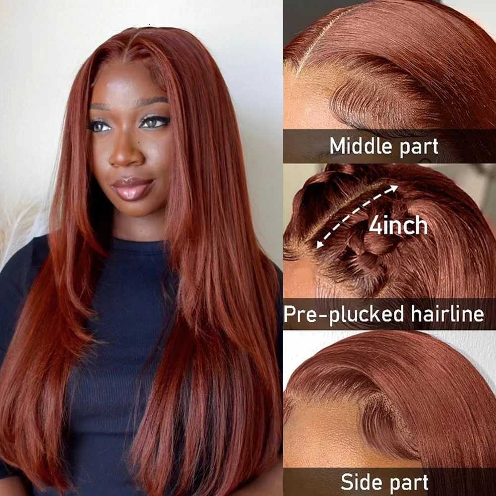Copper Red Layered Cut Lace Front Wigs Reddish Brown Straight Lace Frontal Wig Layered Glueless Wigs Synthetic Butterfly HaircutT251111