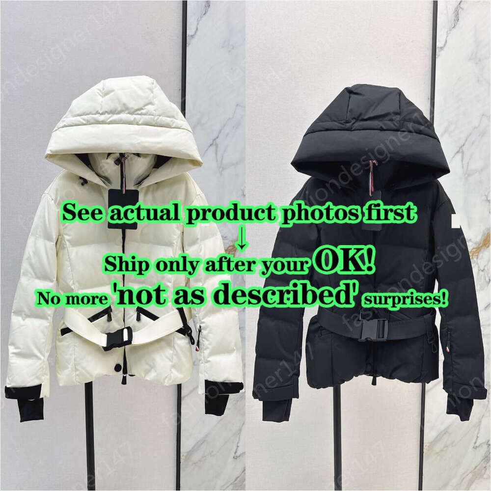 Womens Coat Designer Ski Detachable Hooded Down Skiing Jacket Belted Waist Arm Brand Logo Embroidery Badge Stand Collar White Goose Down Filled Skiing Outdoor