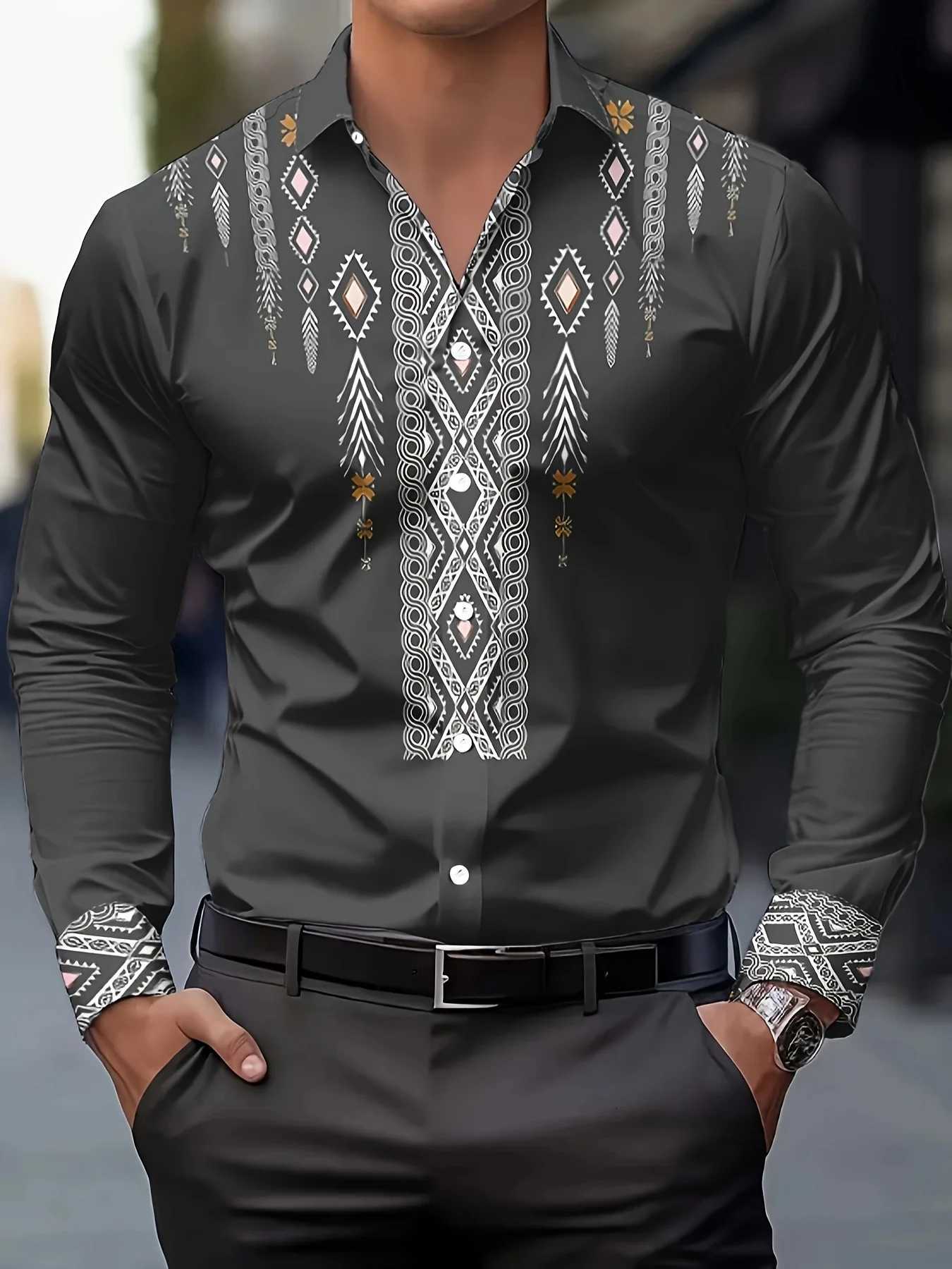 Mens Ethnic Print Casual Shirt - Breathable Long Sleeve Button-Up with Geometric Pattern Regular Fit Machine Washable K251110