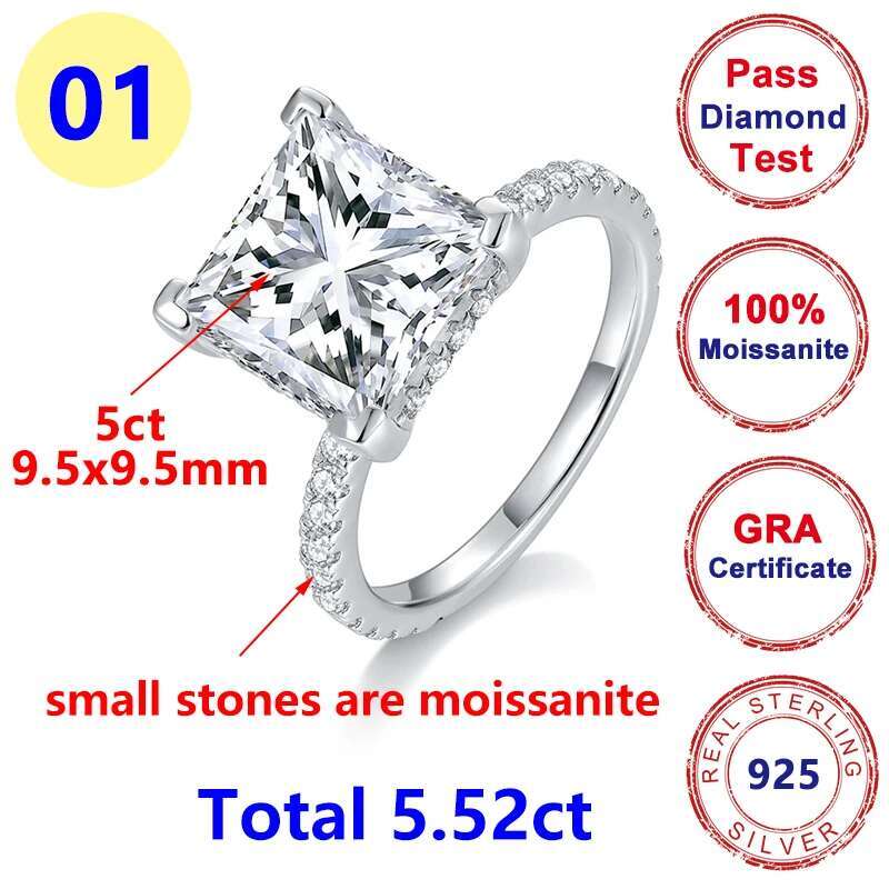 5.52ct Princess Cut Moissanite Diamond Rings for Women Valentines Day Gift 100% S925 Sterling Silver Jewelry Wedding Band GRA