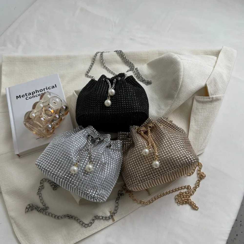 Shiny Evening Banquet Bag Korean Style Handbag Rhinestone Shoulder Bag Small Purse Bucket Bag Drawstring Crossbody Bag WeddingT251110