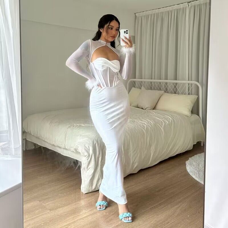 2025 Autumn Women's New Plush Mesh Spliced Nightclub Style Hollow Long Slim Fit Dress