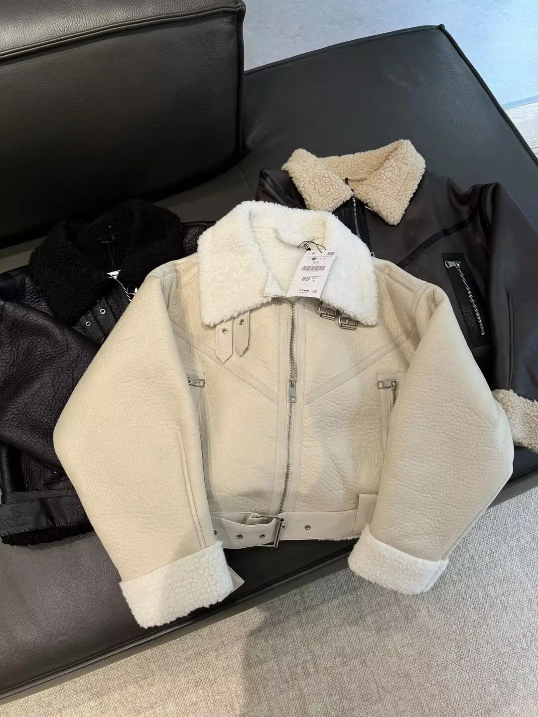 autumn and winter womens clothing lapel belt decorated with fur one-piece fleece motorcycle jacket short coat 251106