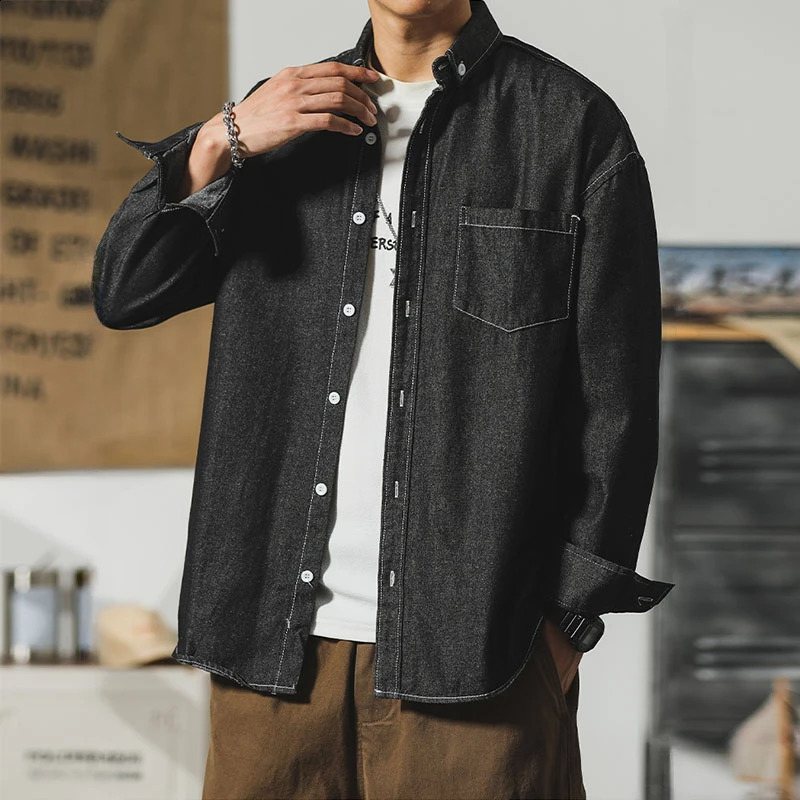Autumn mens long sleeved denim shirt classic black and blue loose collar jacket fashionable Korean street top 250411e