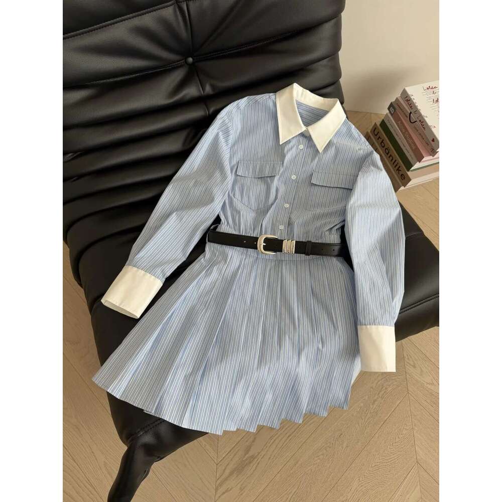 SS Blue White Vertical Stripe Shirt Dress Korean Style, Oversized Loose Tunic With Contrast Collar & Slimming Belt