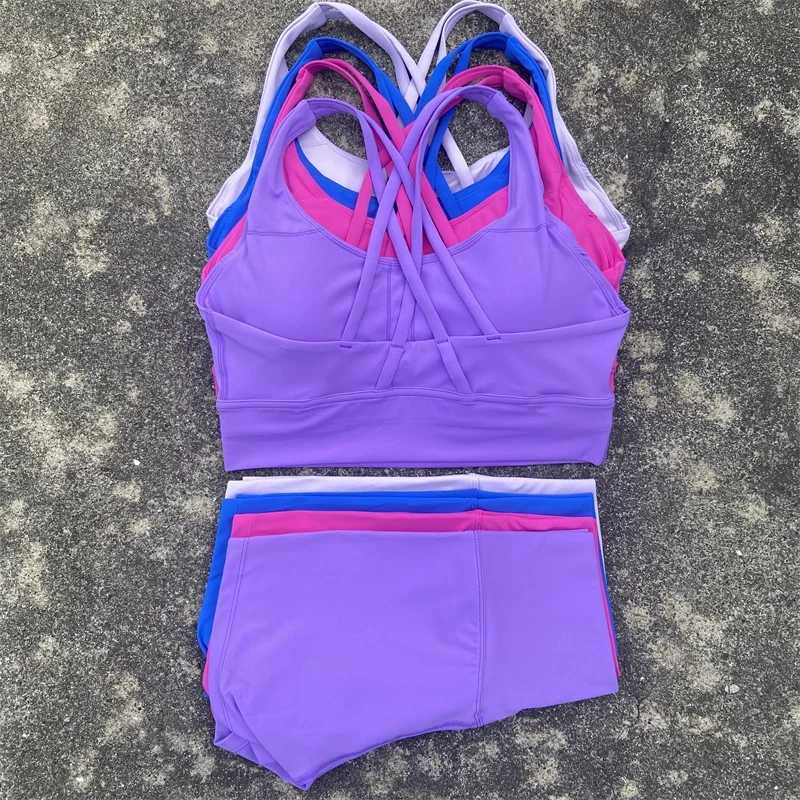 Solid color fitness bike yoga set short leg+cross back sports bra sportswear womens gym set comprehensive training joggingW250411