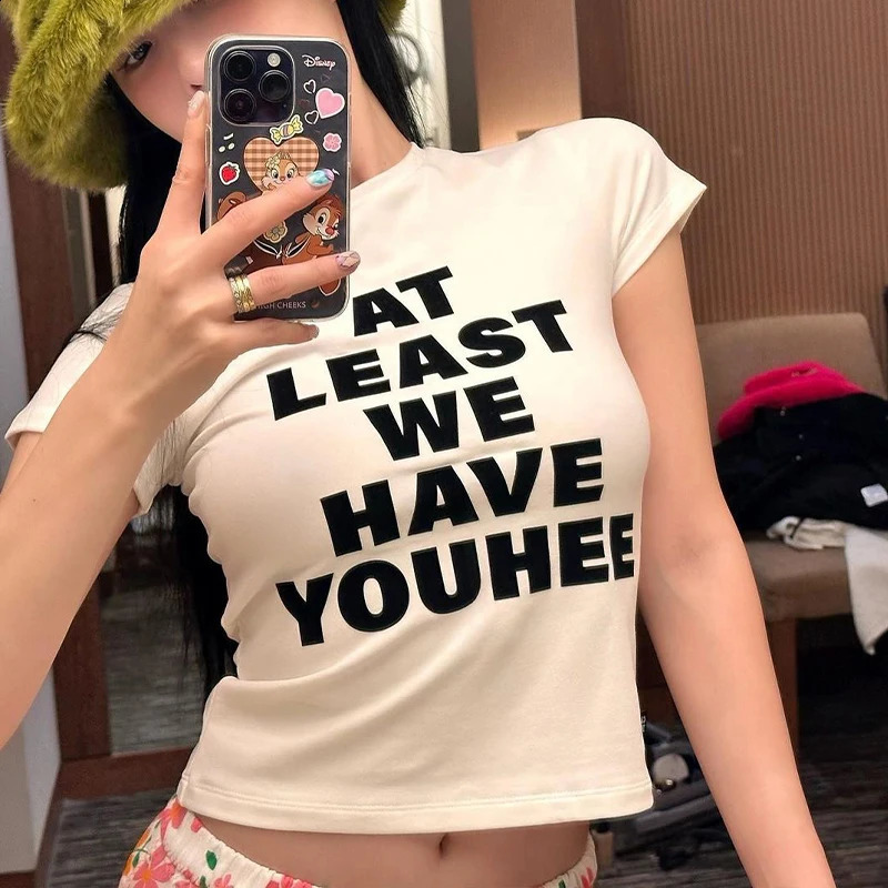 Women T-Shirt Y2k Tops Crop Top Letter 2000s Harajuku Summer Korean Fashion Streetwear Gothic Short Sleeve Aesthetic Clothing 250410