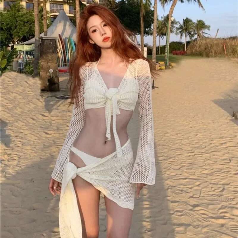 Sexy 4 Piece Lace Bikinis Set Women Swimsuit Solid Long Sleeve Cover with Skirt Swimwear New Push Up Bathing Suit Bikini