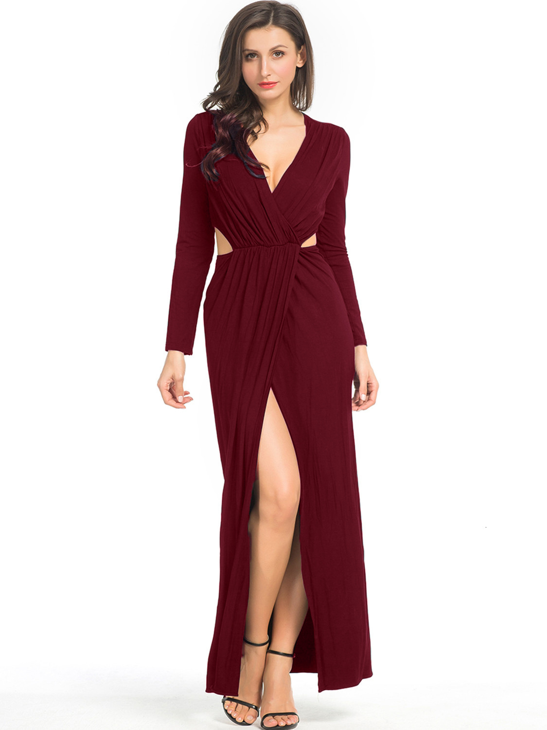 Deep V-neck Hollow Waist Long Sleeve Split Sexy Dress