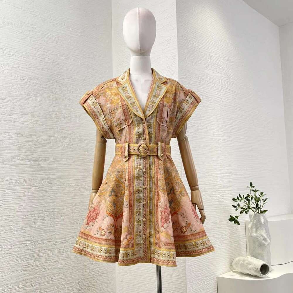 Pure En New High Quality Light Green Ral Print Short Sleeve Women Belted Holiday Mini Dress