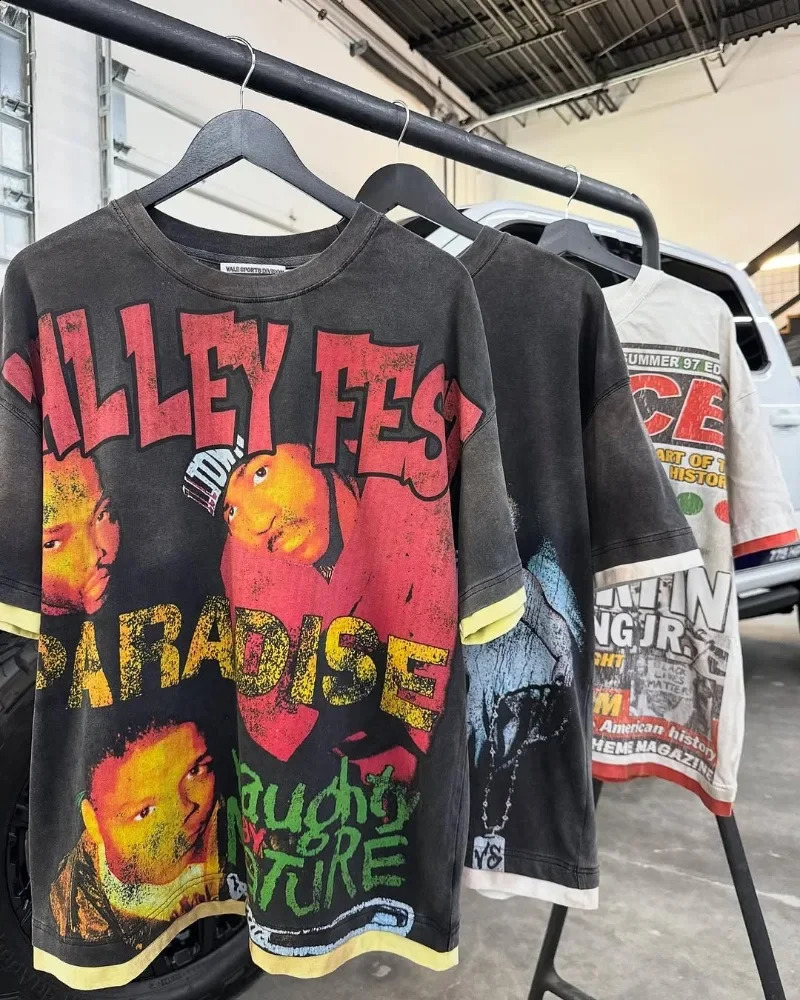 American Trendy Gothic Retro Cartoon Printed Oversized Short-sleeved Top Men Y2k Street Cotton Round Neck Top Women 250410