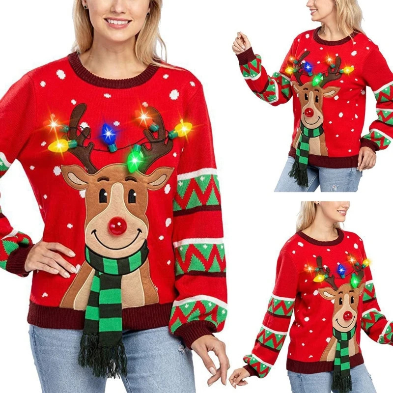 Women LED Light Up Holiday Sweater Christmas Cartoon Reindeer Knit Pullover Top 251106