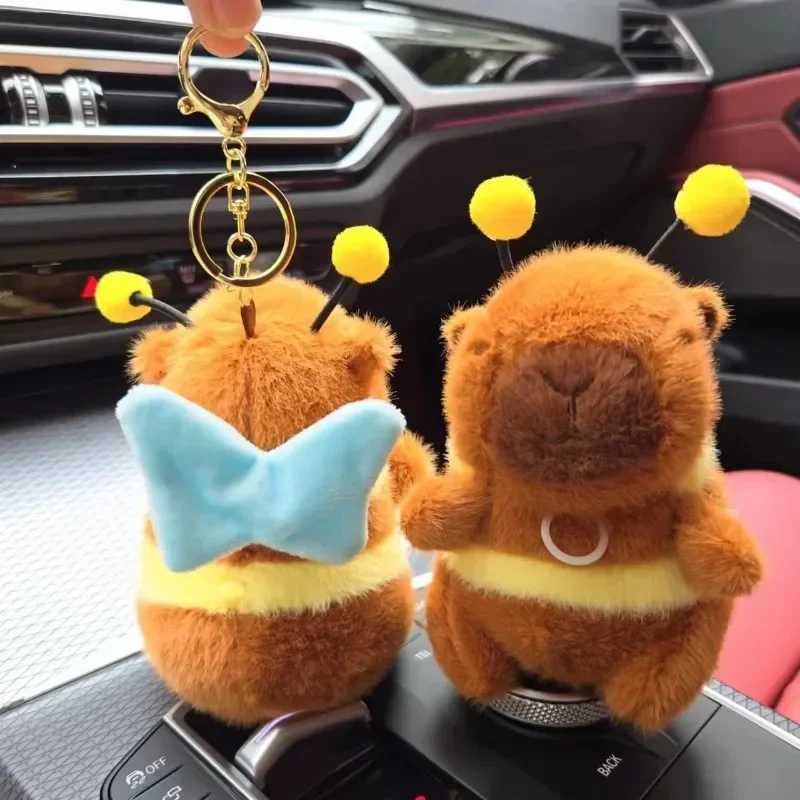 Brown soft Capybara keychain cross dressing fun plush bee pendant fur drawstring cartoon animal keychain couple W250411