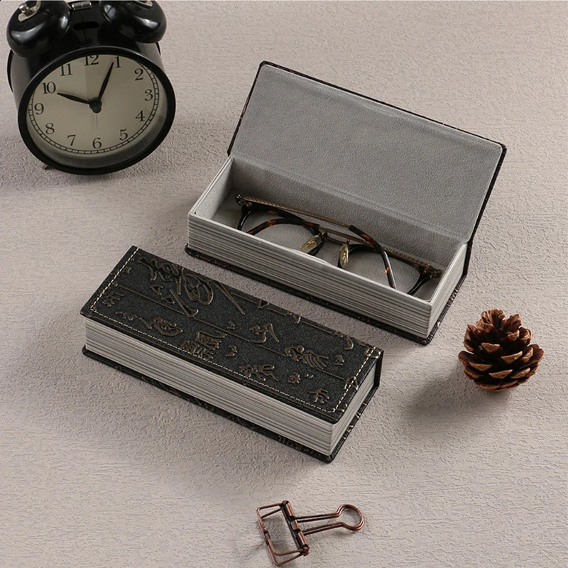 Retro leather glasses case with Chinese character Yang carving technology square sunglasses box with plush lining and cleaning dropper 250409