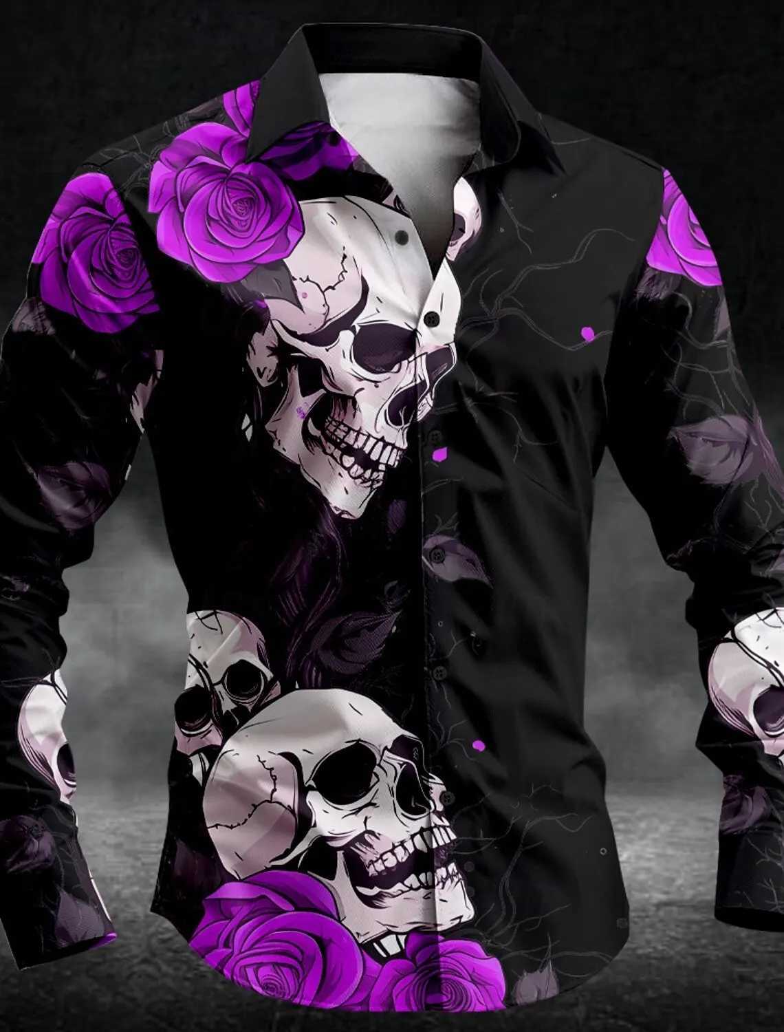 Mens Rose Skull Casual Dark Mens Button-Down Shirt Long Sleeve Party Evening Daily Shirt Collar Button K251110