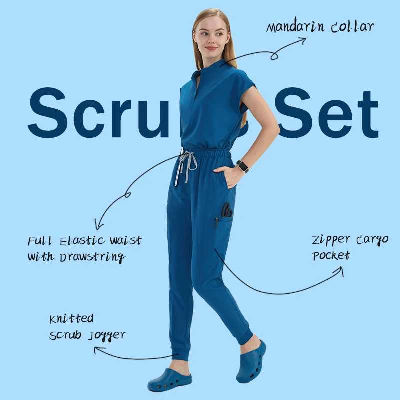 Home>Products>High quality female surgical scrub set Tunic Top Jogger Pants 10 pocket hospital doctor dental work clothes care scrub S180-02 X25