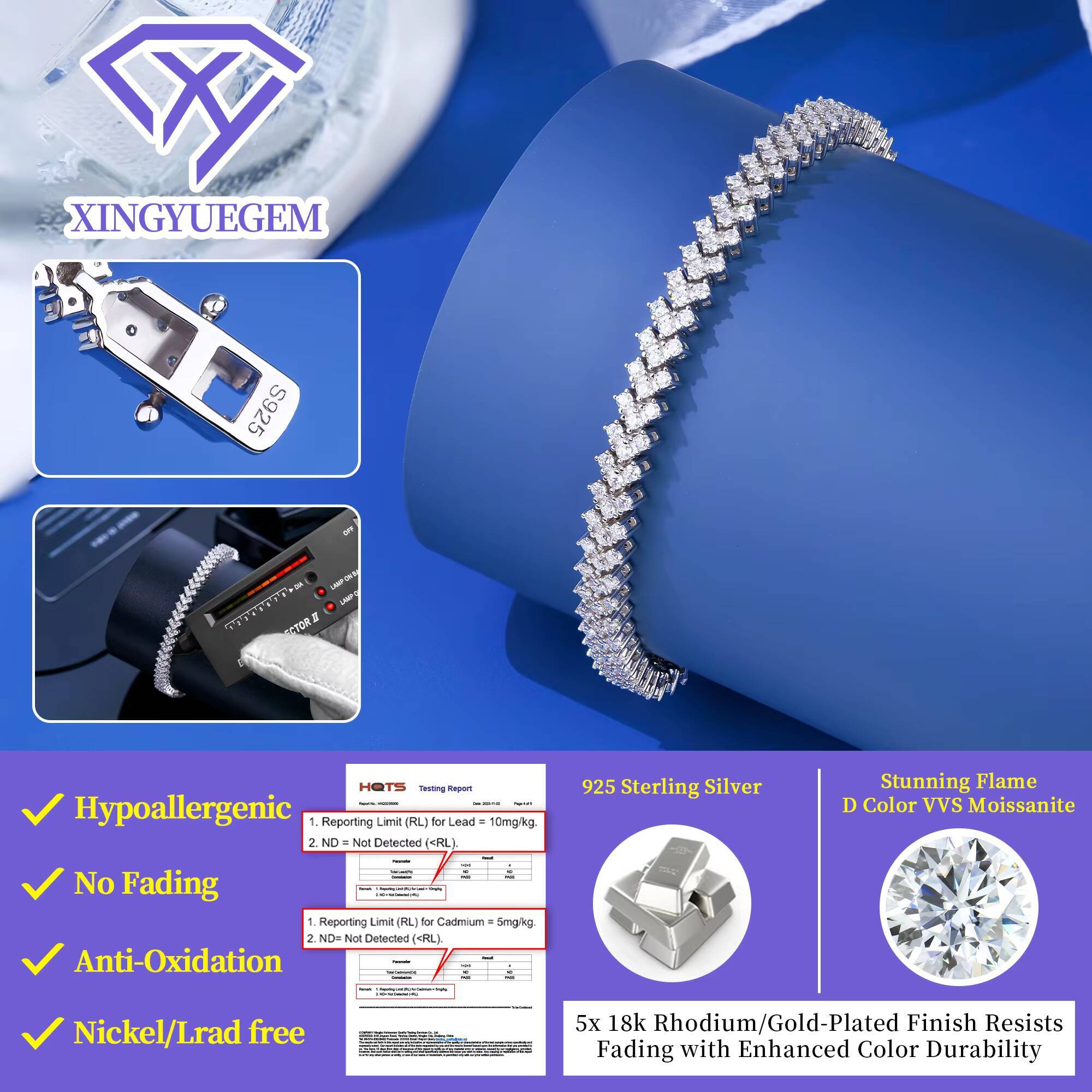 Fancy Style 925 Silver Jewely VVS Round Brilliant Cut Moissanite Bracelet for Gift Party