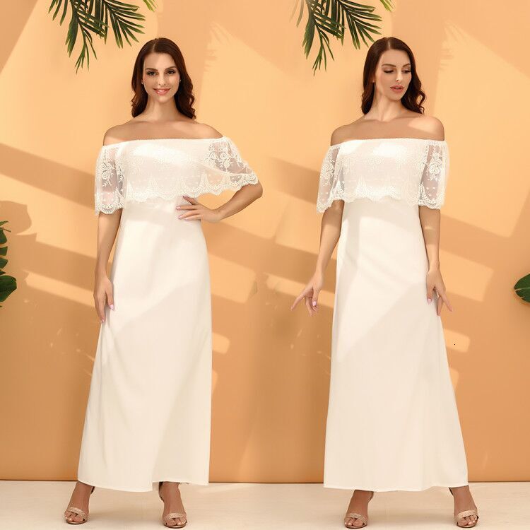 2025 Summer Elegant White High Waist Open Back Off Shoulder Hook Flower Hollow Lace Long Dress