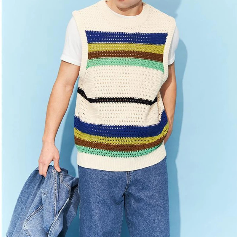 2023 mens loose floral round neck simple and handsome hollow solid color sticker work fashion casual sweater 250411Z