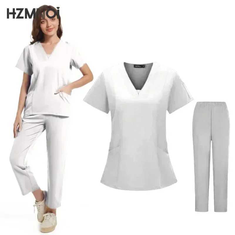 New Scrubs Nurse Uniforms Short Slve V-neck Top+Straight Pants Women Multicolor Nursing Scrubs Set Pet Doctor Medical Workwear X250410