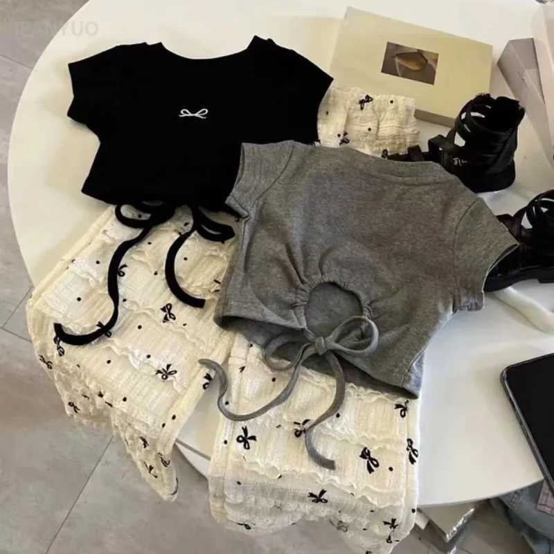 2-8Y Girl Short Sleeve Set Childrens 2025 Summer Dress New T-shirt Korean Bow Top Wide Leg Pants Baby Summer DressXJ250410