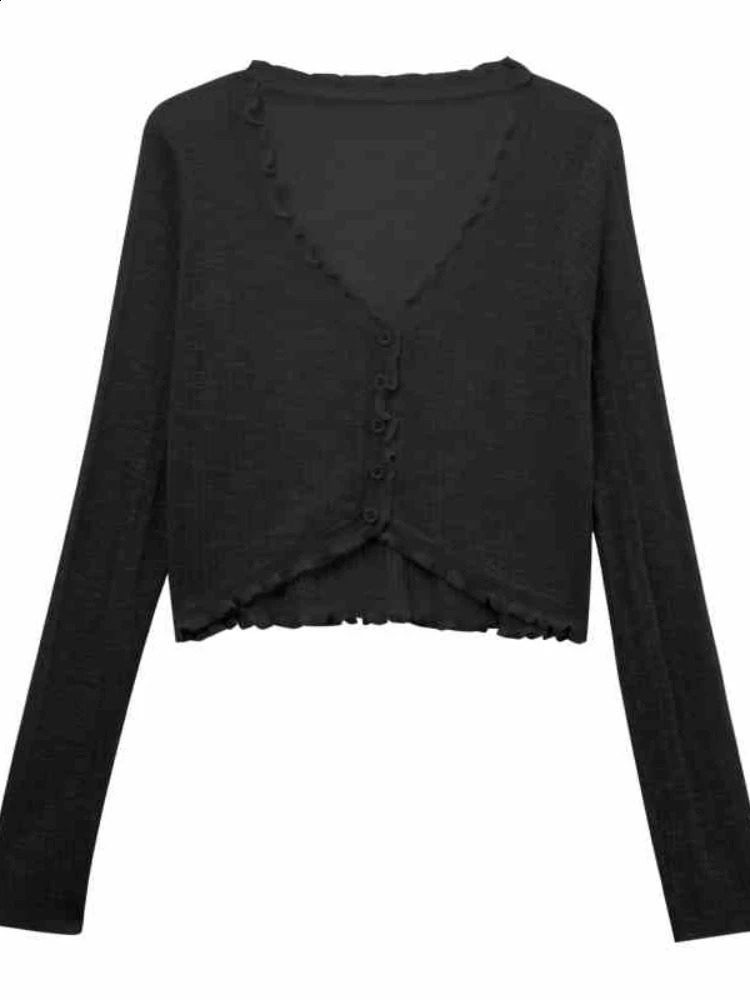 Lace border button long sleeved crop top womens short open front rib knitted cardigan 250407