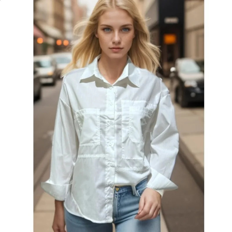 Cotton White Womens Shirt Loose Casual Blouses Office Lady Long Sleeve Elegant Tops Autumn Clothes 250409
