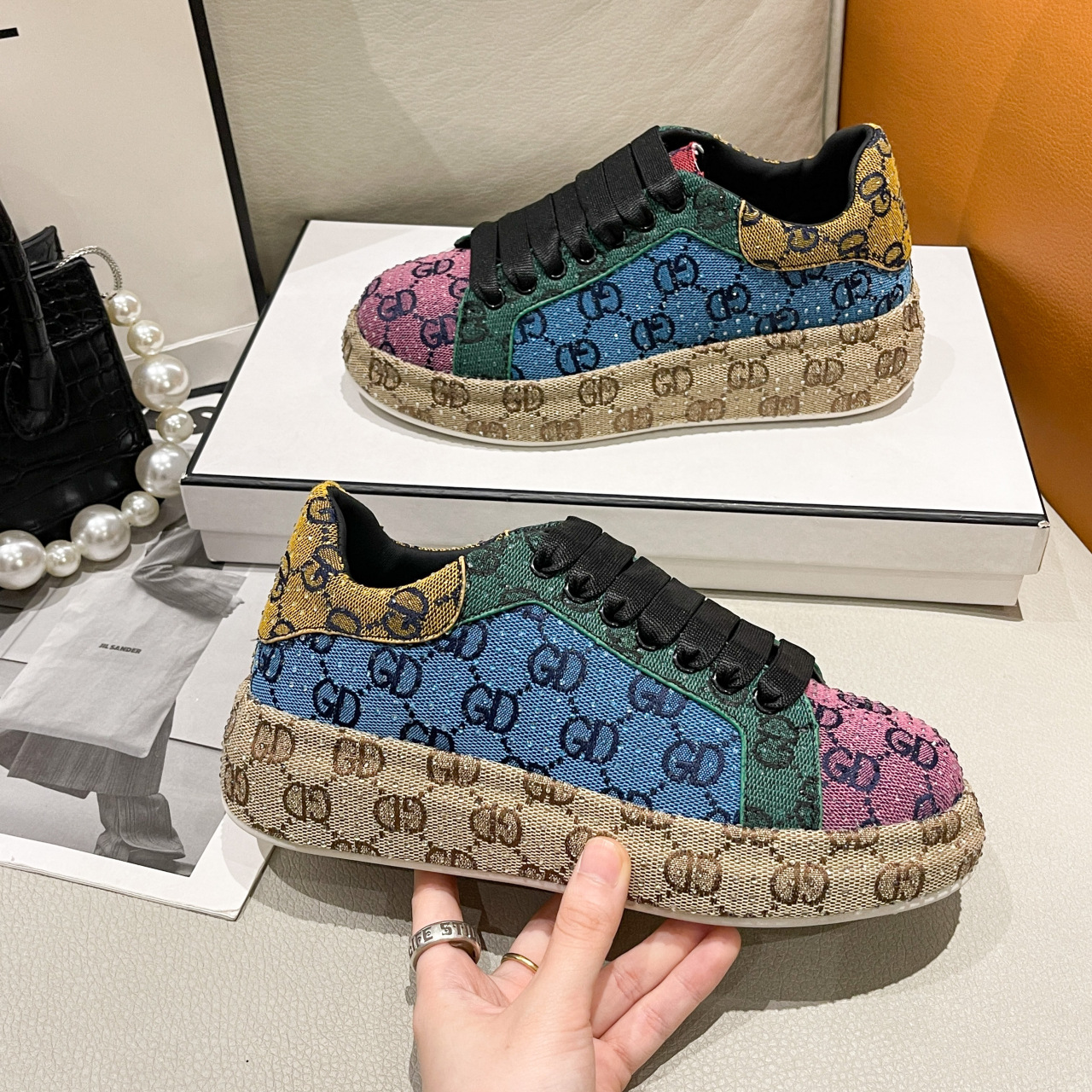 2025 spring summer new full rhinestone platform sneakers women versatile color block embroidery printed fashion trendy shoes colorful board shoes hot