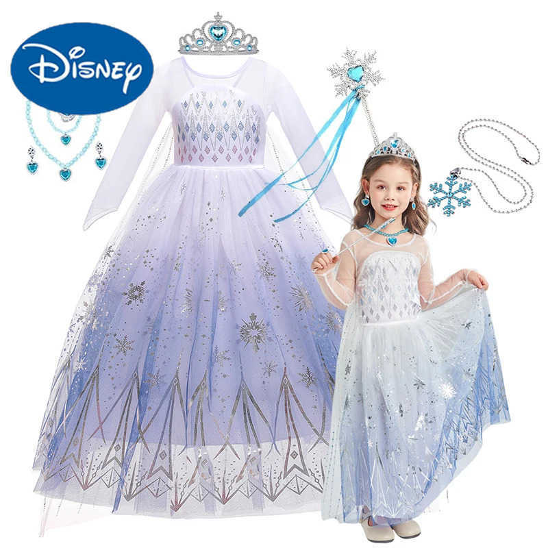 Disney Childrens Girl Role Play Elsa Grid Dress Snow Queen Elsa Princess Long Dress Halloween Party Carnival Dress 2-10Y Vestdos DressXJ250411