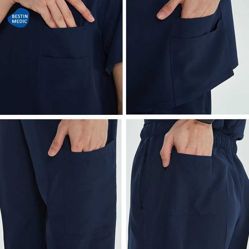 High quality mens medical uniform frosted set V-neck top pull pants hospital doctor set dental care slim set S23 X250410
