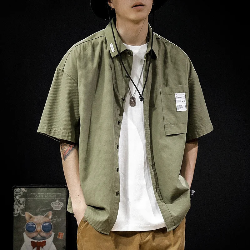 Retro short sleeved social shirt mens loose casual open top commodity summer fashion prefabricated street clothing plain weave 250411e