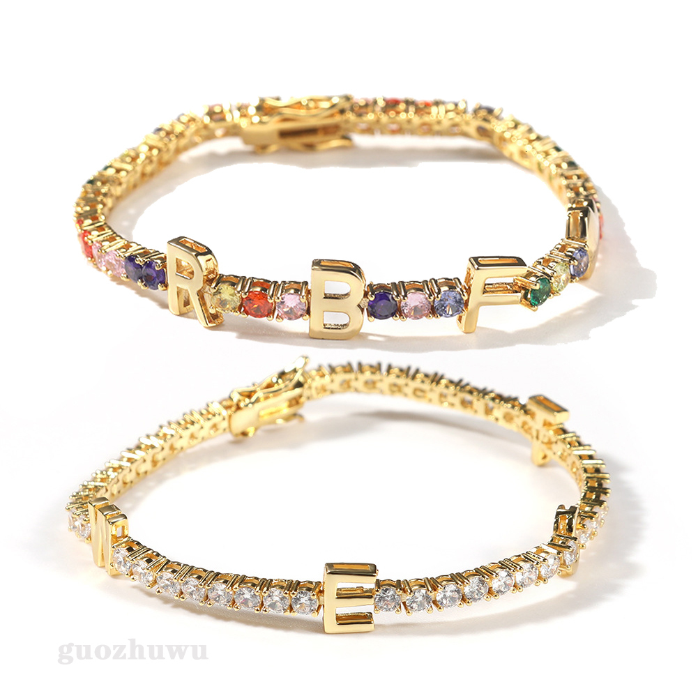 3MM New In Custom Letter Name Tennis Bracelet For Women Hip Hop 14k Gold Full Cubic Zirconia Diy A-Z English Initials Personalized DIY Bangle Bracelet