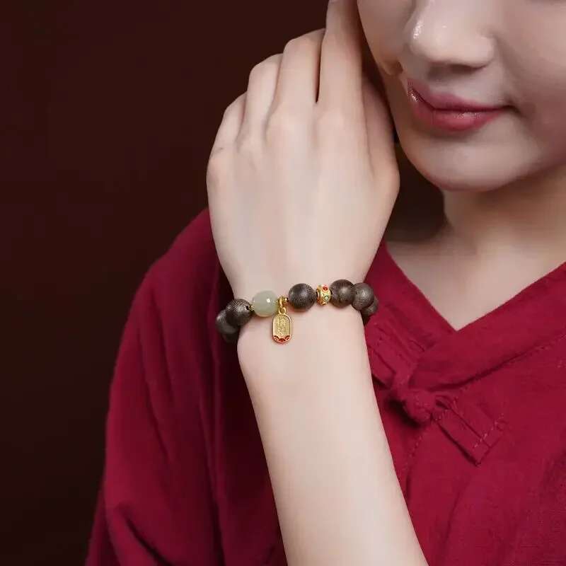 Agarwood Bracelet Male Hetian Jade GoodLucy HandString Female Old Material Sandalwood Buddha Beads Couple Valentine's Day Gift