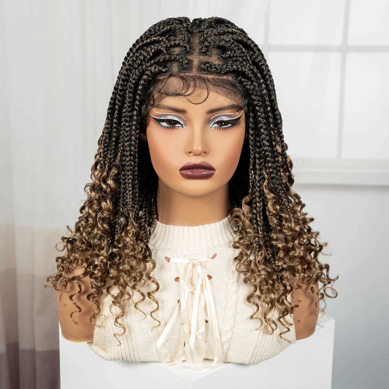 Ombre Knotless Box Braided Wigs with Curly Ends Synthetic Full Lace Braided Lace Wigs Short Boho Braided Bob Wig for Black WomenT251111