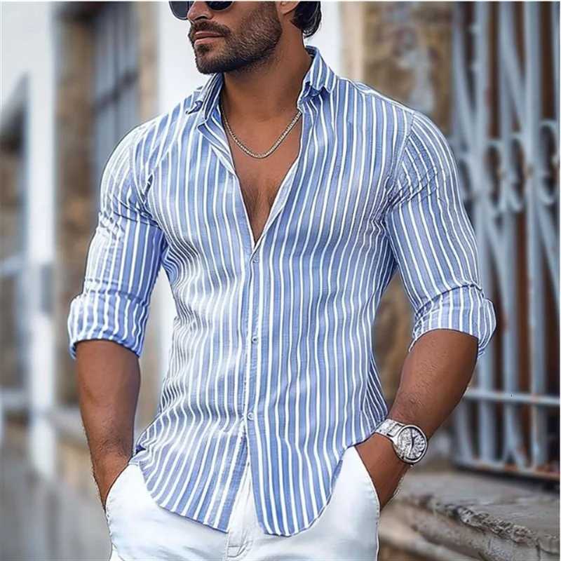 Striped mens business casual 3D printed shirt street daily wear spring and summer lapel long-sleeved 5XL stretch fabric shirt K251110