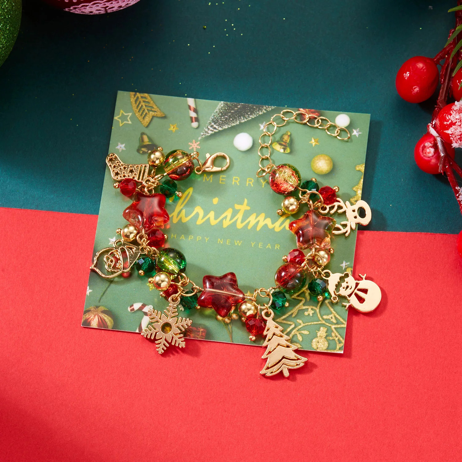 Christmas Colorful Crystal Beads Bracelet For Women Santa Claus Snowflake Tree Elk Snowman Pendant Bangle Year Party Jewelry 251103