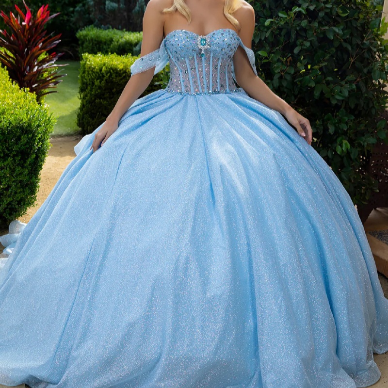 Sky Blue Shiny Princess Quinceanera Dresses Off Shoulder Beading Crystal Tull Corset Sweet 16 Dress Ball Gown Vestidos 15 Anos