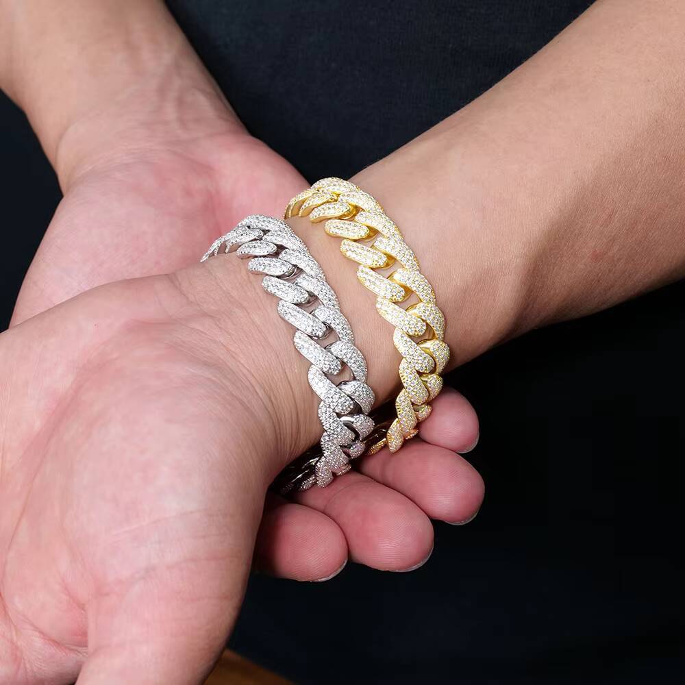 Wholesale 14mm Cuban Link Rhodium Gold Plated Color Bracelet for Men Hip Hop Style Moissanite Jewelry Cuban Chain