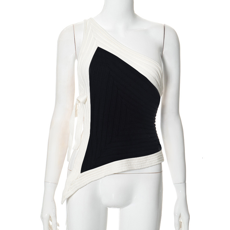 Designer Niche Women's Top T-shirt Sexy Slanted Shoulder Hanging Neck Tie Vest Black And White Contrasting Fashionable Sleeveless Women's Cl