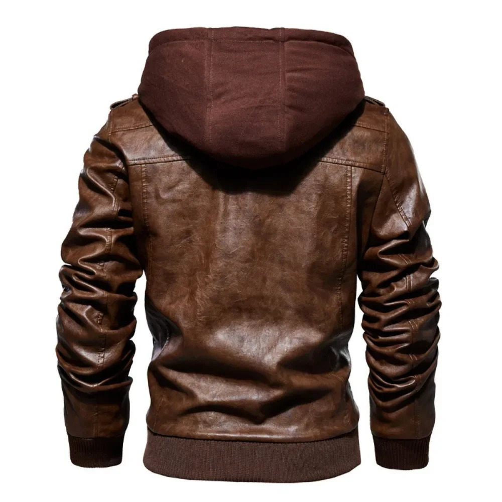Style Spring Antumn Men Brown Leather Motorcycle Jacket with Removable Hooded Male PU Jacket Coat EU Size High Quality 251110