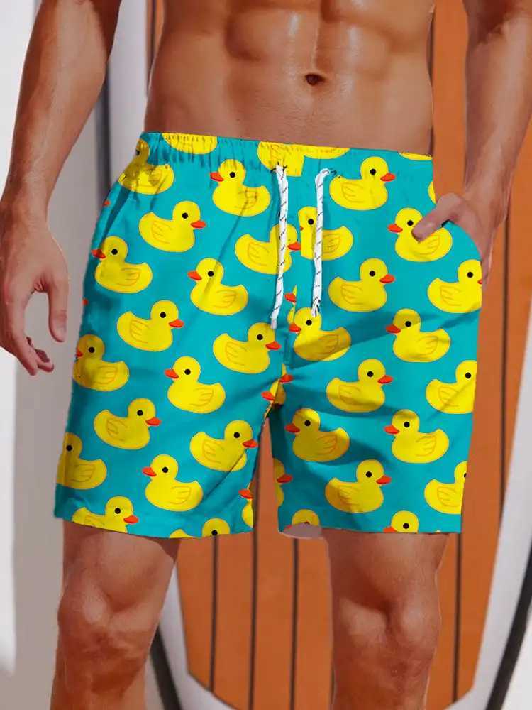 Hawaiian Yellow Duck Mens Printed Shorts Mens Swimming Shorts Elastic Waist 3D Printed Gradient Breathable Short Wear PolyesterW250410