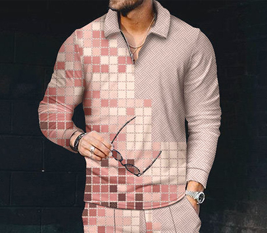 New mens printed polo shirt lapel long sleeve pullover casual mens T-shirt