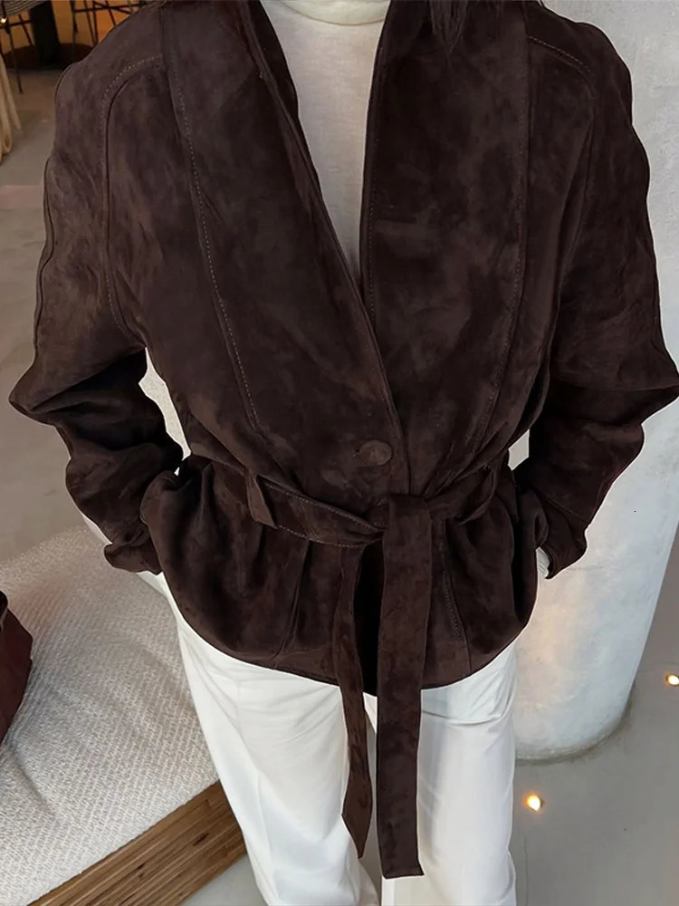 Autumn Belt Suede Jackets Women Lapel Long Sleeve One Button Lace Up Jacket Vintage Brown Loose Lady Outerwears Street 251106
