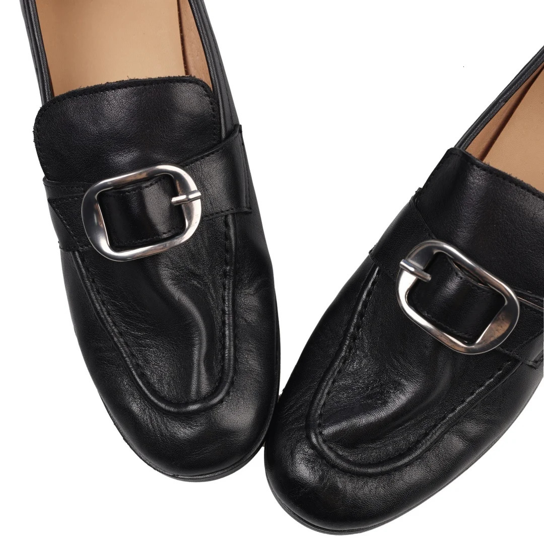 Womens cow leather round toe metal buckle slip-on flats loafers high quality soft comfortable casual moccasins shoes for woman 251110