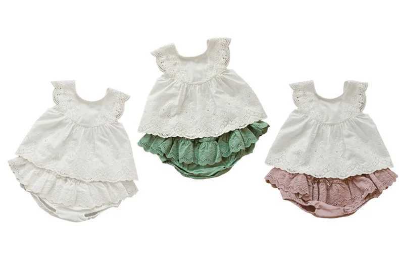 Childrens Girls Clothing 2024 Summer Preschool Baby Girls Sweet Lace Solid Color Doll Shirt Top and Ruffle Shorts SetXJ250410