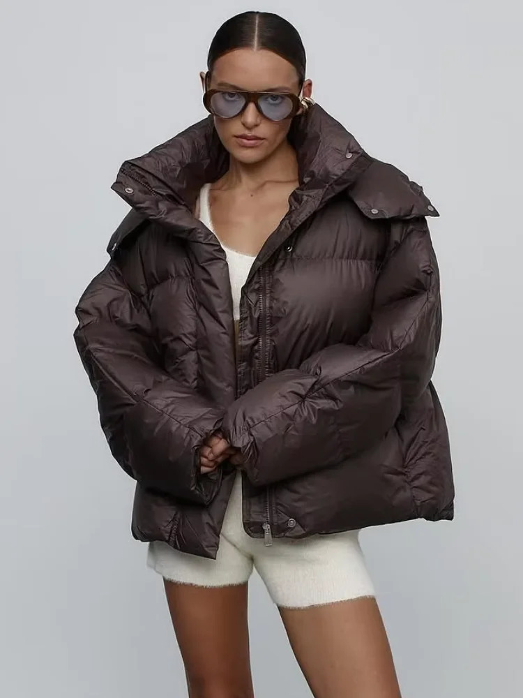 Casual Hooded Cotton Coat Women Brown Stand Collar Zipper Pocket Short Loose Jacket Winter Lady Warm Daily Commuter Outwear 251106